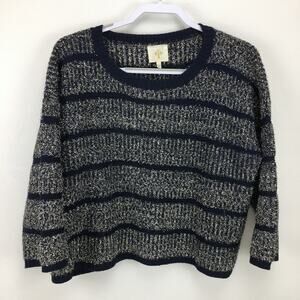 Anthro HWR Monogram Metallic Stripe Cropped Sweater Oversized Black Large